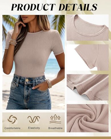 3 Pack Womens Tops Ribbed Cotton Short Sleeve Crew Neck Fitted Slim Soft Basic Plain Solid Layering Summer Casual in Saudi Arabia