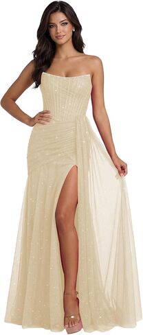 Sparkly Tulle Mermaid Prom Dresses 2026 Strapless Beaded Pleated Formal Evening Gowns with Slit L07009 in Saudi Arabia