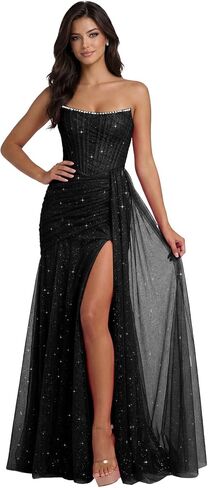 Sparkly Tulle Mermaid Prom Dresses 2026 Strapless Beaded Pleated Formal Evening Gowns with Slit L07009 in Saudi Arabia