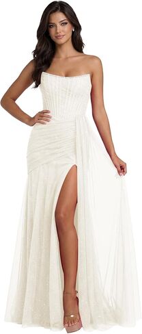 Sparkly Tulle Mermaid Prom Dresses 2026 Strapless Beaded Pleated Formal Evening Gowns with Slit L07009 in Saudi Arabia