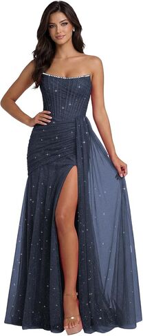 Sparkly Tulle Mermaid Prom Dresses 2026 Strapless Beaded Pleated Formal Evening Gowns with Slit L07009 in Saudi Arabia