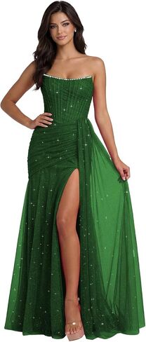 Sparkly Tulle Mermaid Prom Dresses 2026 Strapless Beaded Pleated Formal Evening Gowns with Slit L07009 in Saudi Arabia