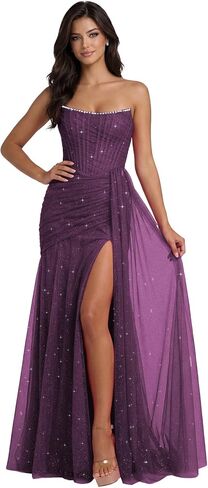 Sparkly Tulle Mermaid Prom Dresses 2026 Strapless Beaded Pleated Formal Evening Gowns with Slit L07009 in Saudi Arabia