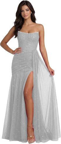 Sparkly Tulle Mermaid Prom Dresses 2026 Strapless Beaded Pleated Formal Evening Gowns with Slit L07009 in Saudi Arabia