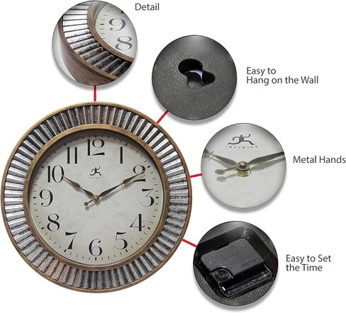 Infinity Instruments 16 inches Ruche Antique Industrial Brushed Distressed Frame Non-Ticking Silent Battery Operated Easy to Read Wall Clock for Living Room, Bedroom, Kitchen, Home, Silver & Gold in Kuwait