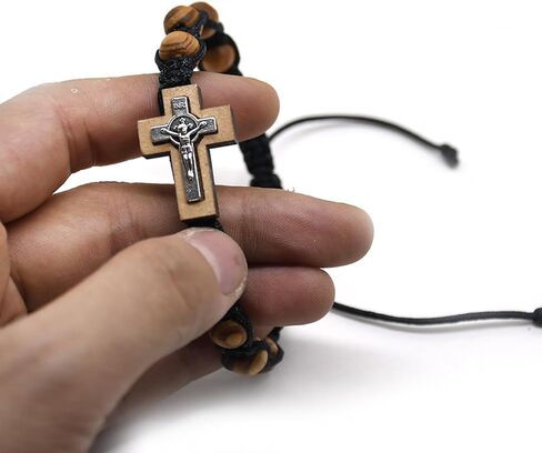 Catholic Rosary Bracelets for Women Men 8mm Wood Beads Braided Bracelets Adjustable Wristband Jewelry Baptism Gift Wood in Kuwait