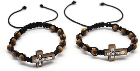 Catholic Rosary Bracelets for Women Men 8mm Wood Beads Braided Bracelets Adjustable Wristband Jewelry Baptism Gift Wood in Kuwait