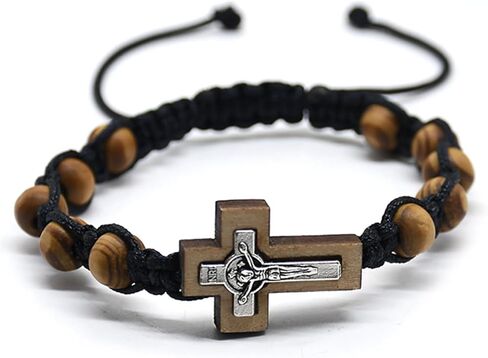 Catholic Rosary Bracelets for Women Men 8mm Wood Beads Braided Bracelets Adjustable Wristband Jewelry Baptism Gift Wood in Kuwait