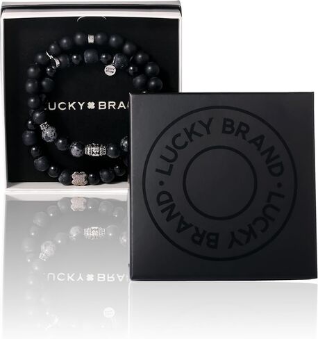 سوار رجالي أسود مطرز من Lucky Brand قطعتين، أساور رجالي مطاطية خرز 8 مم عقيق أسود وملكيت أخضر in Saudi Arabia