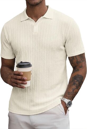Mens Knit Polo Shirts Short Sleeve Button Down Texture Polo T Shirts Casual Golf Polo Collared Shirts in Kuwait