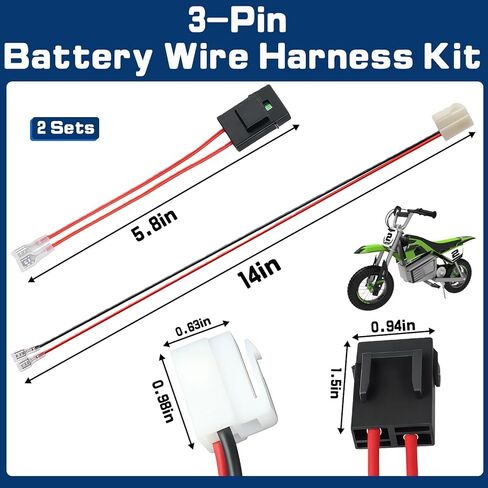 2 Sets Battery Wire Harness Kit for Razor MX350 MX400 PR200-14GA Pure Copper Wire, 3 Hole Plug, Plug & Play Installation - Compatible with MX350 MX400 V33+, PR200 v27+, Pocket Mod/Rocket V45+ in Kuwait