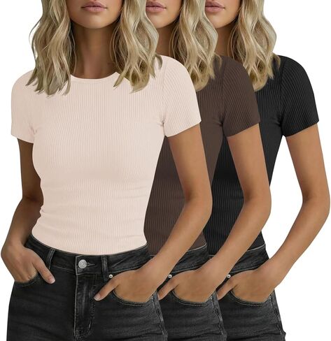 3 Pack Womens Tops Ribbed Cotton Short Sleeve Crew Neck Fitted Slim Soft Basic Plain Solid Layering Summer Casual in Saudi Arabia