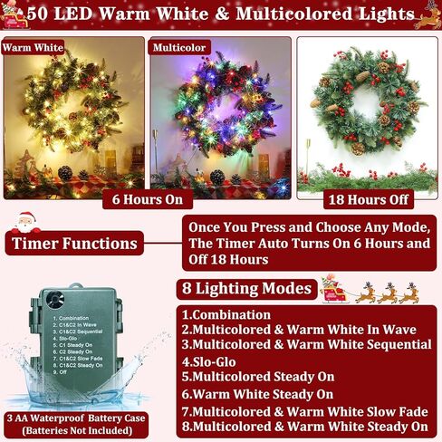 20 Inch Christmas Wreaths for Front Door, Prelit Christmas Wreath with Pinecones Berried Red Bow 50 Warm White & Colorful Lights 8 Modes Timer Norfolk Pine Wreath Xmas Wreath Decorations for Door Wall in Kuwait