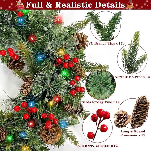 20 Inch Christmas Wreaths for Front Door, Prelit Christmas Wreath with Pinecones Berried Red Bow 50 Warm White & Colorful Lights 8 Modes Timer Norfolk Pine Wreath Xmas Wreath Decorations for Door Wall in Kuwait