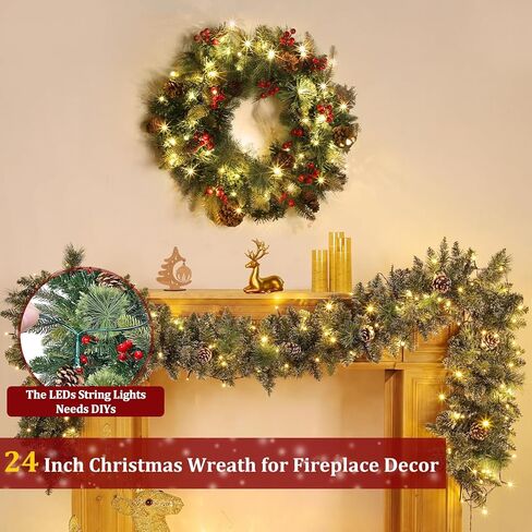 20 Inch Christmas Wreaths for Front Door, Prelit Christmas Wreath with Pinecones Berried Red Bow 50 Warm White & Colorful Lights 8 Modes Timer Norfolk Pine Wreath Xmas Wreath Decorations for Door Wall in Kuwait