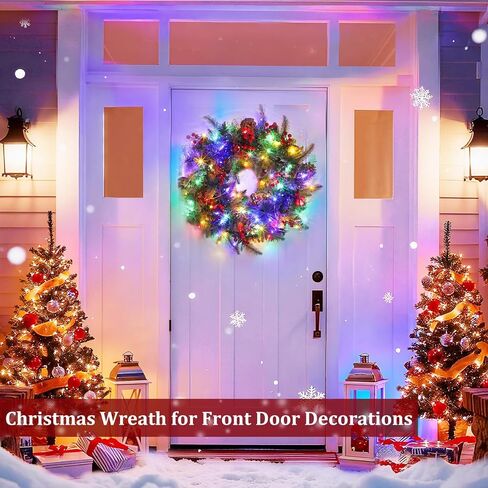 20 Inch Christmas Wreaths for Front Door, Prelit Christmas Wreath with Pinecones Berried Red Bow 50 Warm White & Colorful Lights 8 Modes Timer Norfolk Pine Wreath Xmas Wreath Decorations for Door Wall in Kuwait