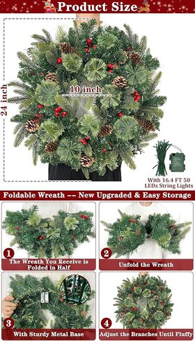 20 Inch Christmas Wreaths for Front Door, Prelit Christmas Wreath with Pinecones Berried Red Bow 50 Warm White & Colorful Lights 8 Modes Timer Norfolk Pine Wreath Xmas Wreath Decorations for Door Wall in Kuwait