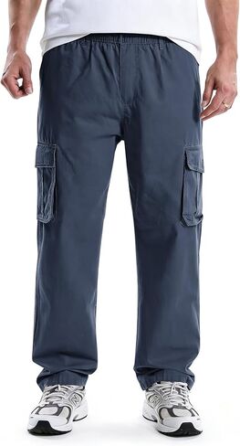 Men's&Boys Cargo Pants Elastic Waist Casual Relaxed Fit Hiking Pull on Jogging Stretch Trousers with Multi-Pockets in Kuwait