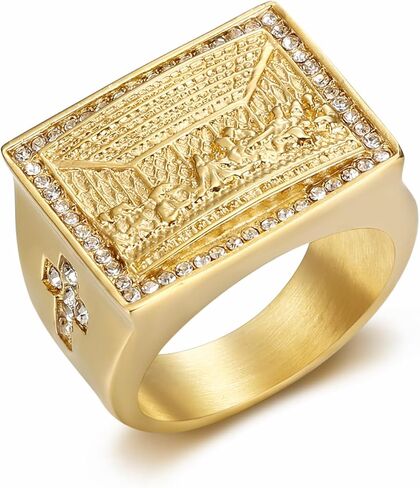 NEGS 18K Gold Plated Lord's Supper Stainless Steel Ring For Men, The Last Supper Jesus with His Disciples Christian Cross Prayer Jewelry Gift in Kuwait