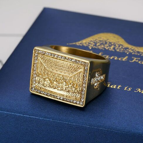 NEGS 18K Gold Plated Lord's Supper Stainless Steel Ring For Men, The Last Supper Jesus with His Disciples Christian Cross Prayer Jewelry Gift in Kuwait