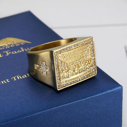 NEGS 18K Gold Plated Lord's Supper Stainless Steel Ring For Men, The Last Supper Jesus with His Disciples Christian Cross Prayer Jewelry Gift in Kuwait