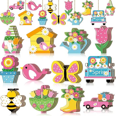 BBTO 36 Pcs Spring Flower Wooden Ornaments Tulip Flower Tree Decoration Floral Butterfly Gnome Hanging Wood Cutout Pastel Spring Easter Decor for Small Tree Home Party DIY Craft in Saudi Arabia