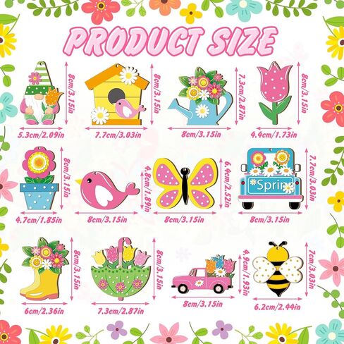 BBTO 36 Pcs Spring Flower Wooden Ornaments Tulip Flower Tree Decoration Floral Butterfly Gnome Hanging Wood Cutout Pastel Spring Easter Decor for Small Tree Home Party DIY Craft in Saudi Arabia
