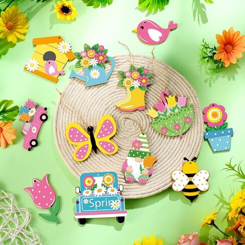 BBTO 36 Pcs Spring Flower Wooden Ornaments Tulip Flower Tree Decoration Floral Butterfly Gnome Hanging Wood Cutout Pastel Spring Easter Decor for Small Tree Home Party DIY Craft in Saudi Arabia
