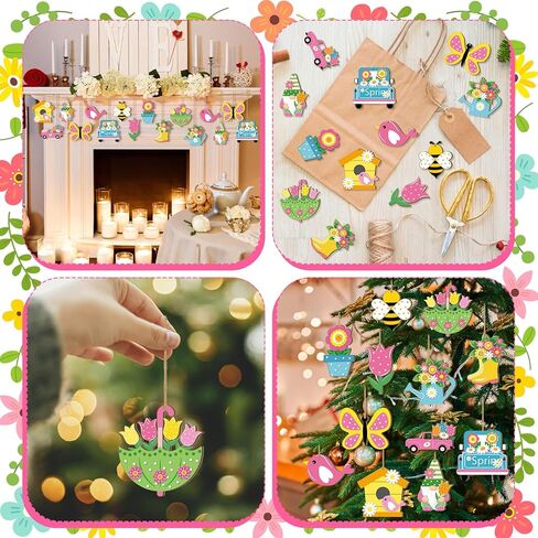 BBTO 36 Pcs Spring Flower Wooden Ornaments Tulip Flower Tree Decoration Floral Butterfly Gnome Hanging Wood Cutout Pastel Spring Easter Decor for Small Tree Home Party DIY Craft in Saudi Arabia