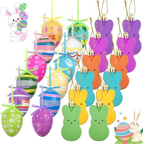 24Pcs Easter Tree Ornaments Easter Hanging Eggs Ornaments Colorful Plastic Bunny Hanging Decorations for Home Schoo Spring Party Rabbit Decor in Kuwait