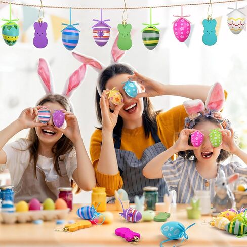 24Pcs Easter Tree Ornaments Easter Hanging Eggs Ornaments Colorful Plastic Bunny Hanging Decorations for Home Schoo Spring Party Rabbit Decor in Kuwait