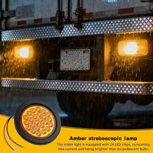4'' Round Trailer Tail Light, 2pcs 24 LED Round Amber Strobe Lights, Waterproof Trailer Truck Stop Turn Tail Light, LED Amber Turn Signals Lights for Truck Bus RV Camper ATV UTV 10-30V in Kuwait