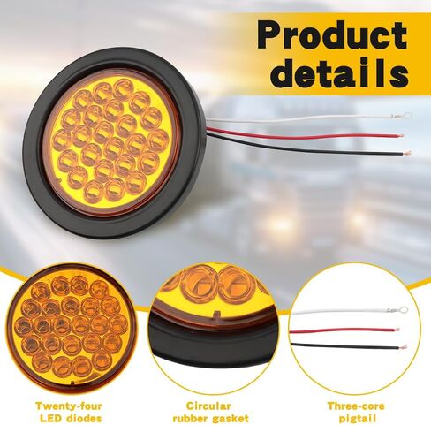 4'' Round Trailer Tail Light, 2pcs 24 LED Round Amber Strobe Lights, Waterproof Trailer Truck Stop Turn Tail Light, LED Amber Turn Signals Lights for Truck Bus RV Camper ATV UTV 10-30V in Kuwait