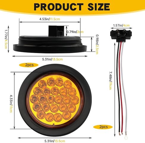 4'' Round Trailer Tail Light, 2pcs 24 LED Round Amber Strobe Lights, Waterproof Trailer Truck Stop Turn Tail Light, LED Amber Turn Signals Lights for Truck Bus RV Camper ATV UTV 10-30V in Kuwait