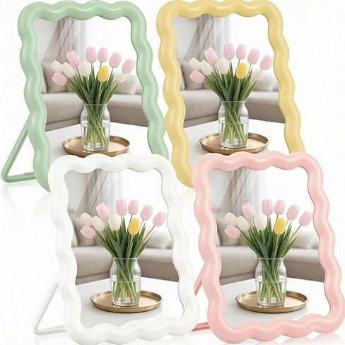 4 Pack Table Vanity Makeup Mirror, Wave Shaped Desk Mirror with Stand, Small Portable Folding Mirrors, Tabletop Adjustable Travel Mirrors, Hanging Bathroom for Shaving, 4 Colors, 6.7" × 5.2" in Kuwait