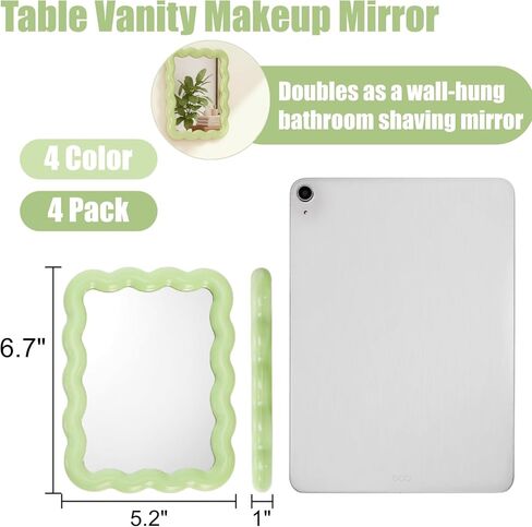 4 Pack Table Vanity Makeup Mirror, Wave Shaped Desk Mirror with Stand, Small Portable Folding Mirrors, Tabletop Adjustable Travel Mirrors, Hanging Bathroom for Shaving, 4 Colors, 6.7" × 5.2" in Kuwait