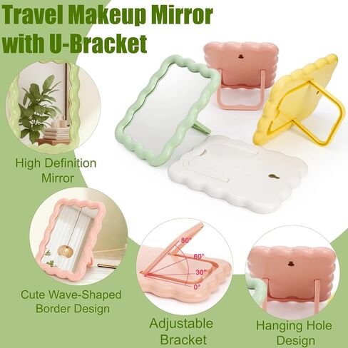 4 Pack Table Vanity Makeup Mirror, Wave Shaped Desk Mirror with Stand, Small Portable Folding Mirrors, Tabletop Adjustable Travel Mirrors, Hanging Bathroom for Shaving, 4 Colors, 6.7" × 5.2" in Kuwait