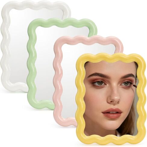 4 Pack Table Vanity Makeup Mirror, Wave Shaped Desk Mirror with Stand, Small Portable Folding Mirrors, Tabletop Adjustable Travel Mirrors, Hanging Bathroom for Shaving, 4 Colors, 6.7" × 5.2" in Kuwait