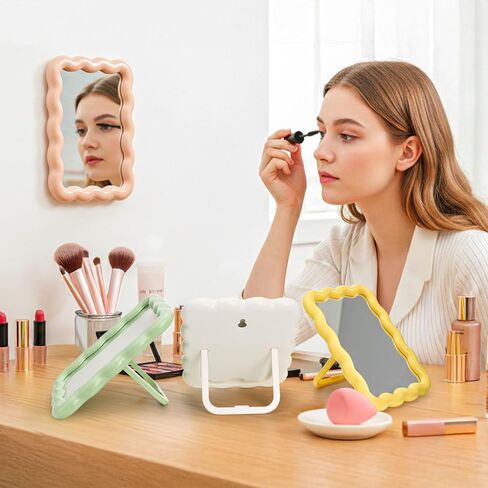 4 Pack Table Vanity Makeup Mirror, Wave Shaped Desk Mirror with Stand, Small Portable Folding Mirrors, Tabletop Adjustable Travel Mirrors, Hanging Bathroom for Shaving, 4 Colors, 6.7" × 5.2" in Kuwait