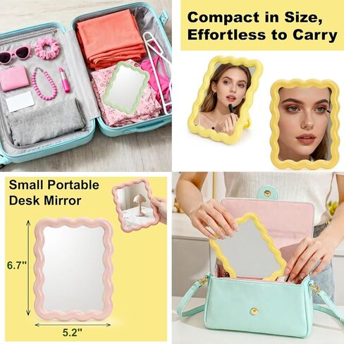 4 Pack Table Vanity Makeup Mirror, Wave Shaped Desk Mirror with Stand, Small Portable Folding Mirrors, Tabletop Adjustable Travel Mirrors, Hanging Bathroom for Shaving, 4 Colors, 6.7" × 5.2" in Kuwait