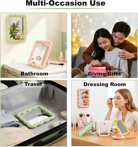 4 Pack Table Vanity Makeup Mirror, Wave Shaped Desk Mirror with Stand, Small Portable Folding Mirrors, Tabletop Adjustable Travel Mirrors, Hanging Bathroom for Shaving, 4 Colors, 6.7" × 5.2" in Kuwait