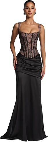 Floral Lace Prom Dresses for Womens Satin Mermaid Corset Spaghetti Straps Long Formal Wedding Guest Dress in Kuwait