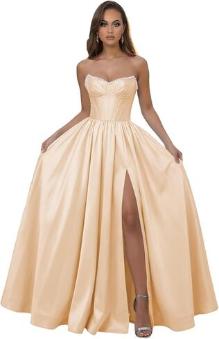 فساتين حفلة موسيقية من الساتان بدون حمالات، ثوب طويل من اللؤلؤ للحفلات المسائية للنساء، فستان رسمي على شكل حرف A مع فتحة in Kuwait