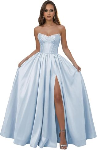 Strapless Satin Prom Dresses Long Ball Gown Pearl Evening Party Gown for Women A Line Formal Dress with Slit in Saudi Arabia