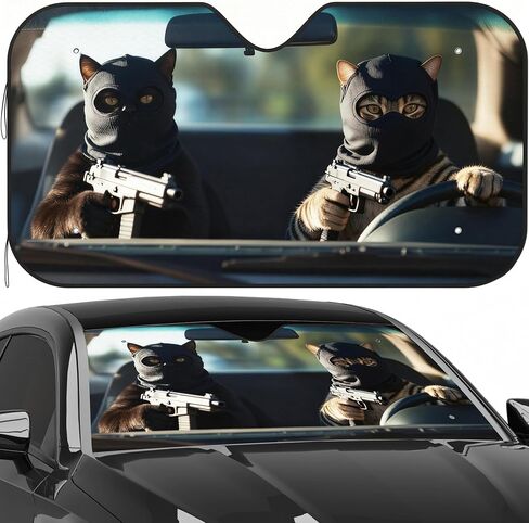 Car Windshield Sun Visor Shade Funny Prank Cat Masked Design for Cars SUV and Trucks Front Window Sun Shade & Heat Shield UV Protection Cool Automotive Interior Accessories 55" x 30" in Kuwait