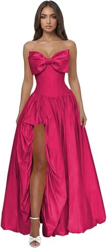 Strapless Prom Dresses with Bow for Teens 2026 Puffy Empire Waist Corset Formal Evening Gown with Slit in Kuwait