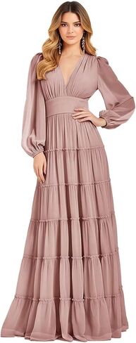 Puffy Sleeve Bridesmaid Dresses for Women Ruffles Long Tiered Pleated Chiffon V Neck Formal Wedding Guest Dress in Kuwait
