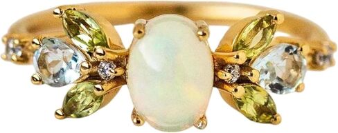 Vintage Opal Peridot & Aquamarine Cluster Bridal Ring 14k Yellow Gold Diamond Ring Unique Art Deco Handmade Jewelry Gift For Her in Saudi Arabia