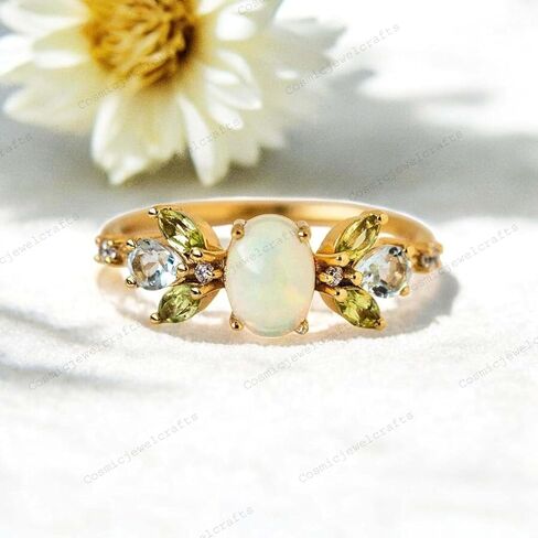 Vintage Opal Peridot & Aquamarine Cluster Bridal Ring 14k Yellow Gold Diamond Ring Unique Art Deco Handmade Jewelry Gift For Her in Saudi Arabia