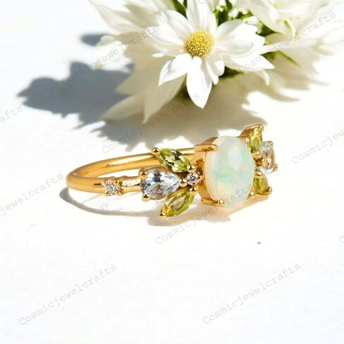 Vintage Opal Peridot & Aquamarine Cluster Bridal Ring 14k Yellow Gold Diamond Ring Unique Art Deco Handmade Jewelry Gift For Her in Saudi Arabia